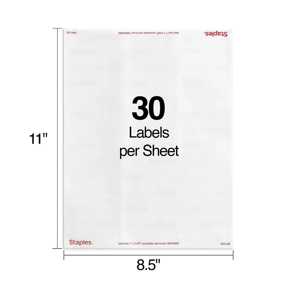 Labels|Staples Laser/Inkjet Address Labels, 1" x 2 5/8", Clear, 30 Labels/Sheet, 10 Sheets/Pack, 300 Labels/Box (18086)