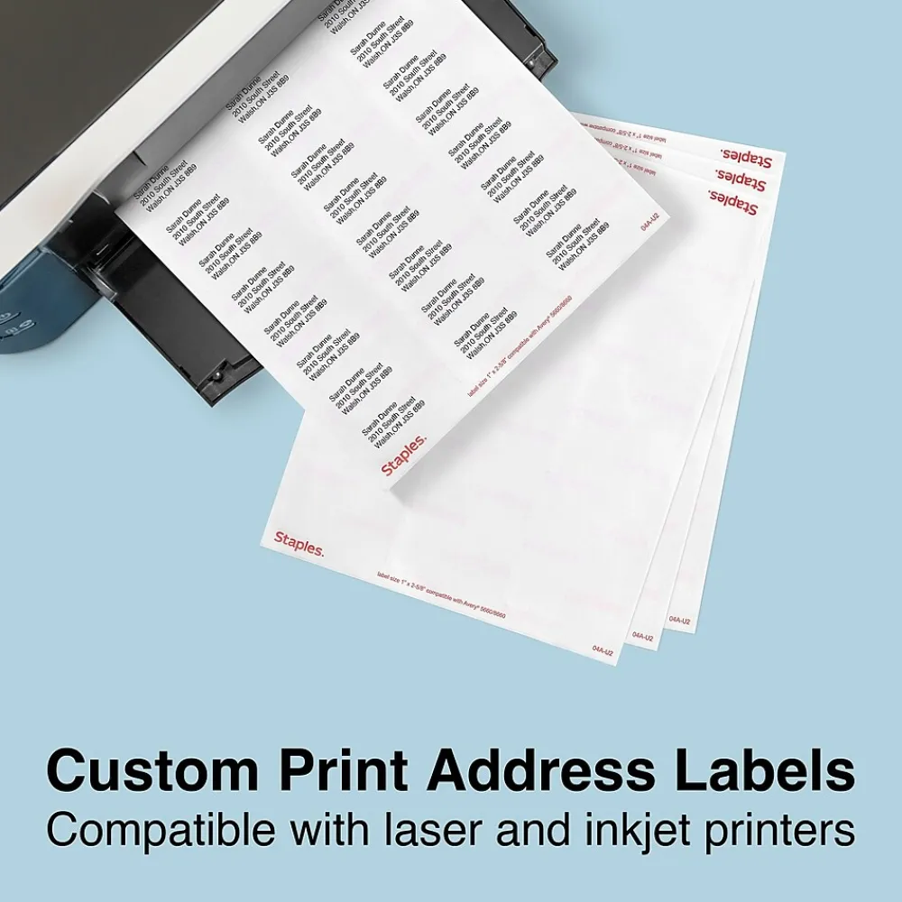 Labels|Staples Laser/Inkjet Address Labels, 1" x 2 5/8", Clear, 30 Labels/Sheet, 10 Sheets/Pack, 300 Labels/Box (18086)