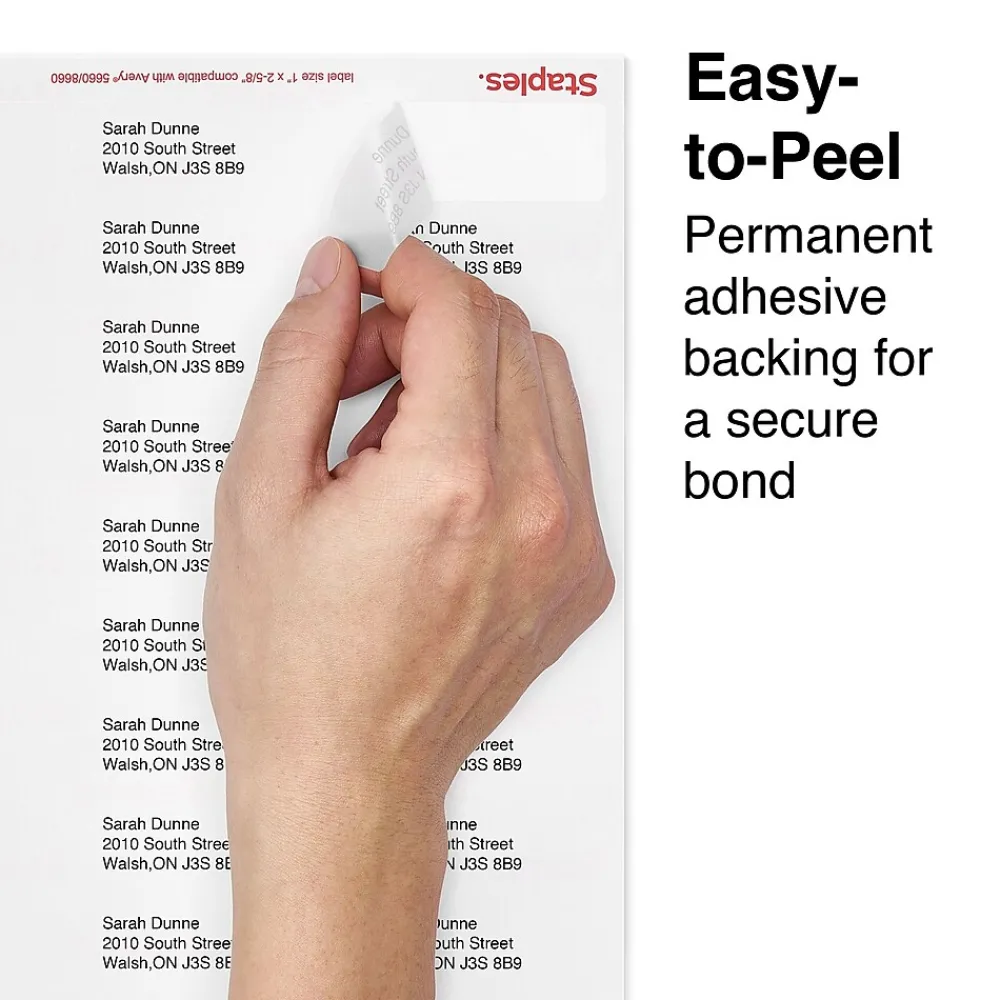 Labels|Staples Laser/Inkjet Address Labels, 1" x 2 5/8", Clear, 30 Labels/Sheet, 10 Sheets/Pack, 300 Labels/Box (18086)