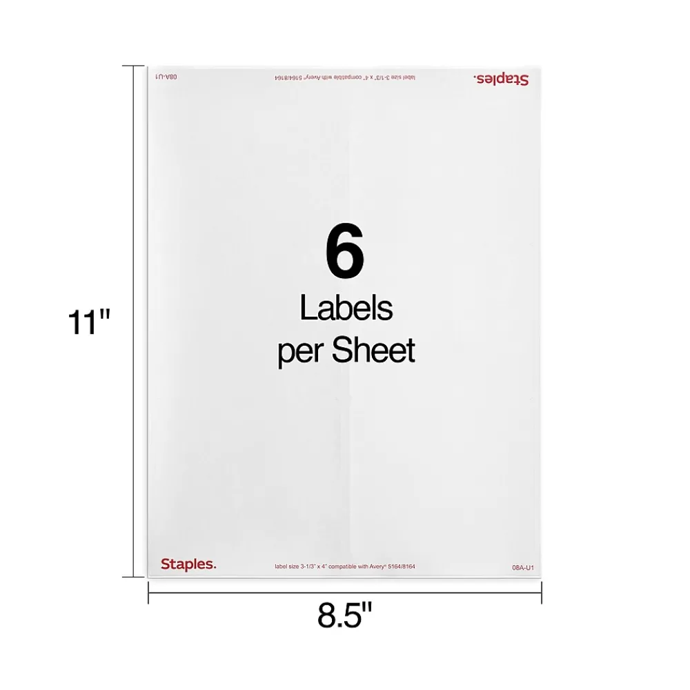 Labels|Staples Laser/Inkjet Shipping Labels, 3-1/3" x 4", White, 6 Labels/Sheet, 100 Sheets/Pack (ST18061-CC)