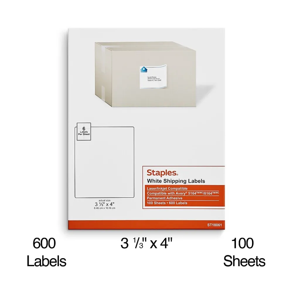 Labels|Staples Laser/Inkjet Shipping Labels, 3-1/3" x 4", White, 6 Labels/Sheet, 100 Sheets/Pack (ST18061-CC)