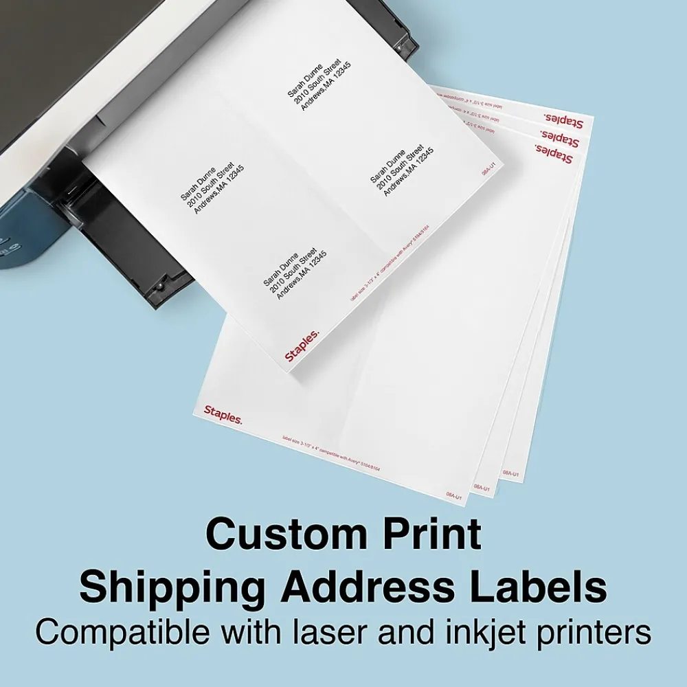 Labels|Staples Laser/Inkjet Shipping Labels, 3-1/3" x 4", White, 6 Labels/Sheet, 100 Sheets/Pack (ST18061-CC)