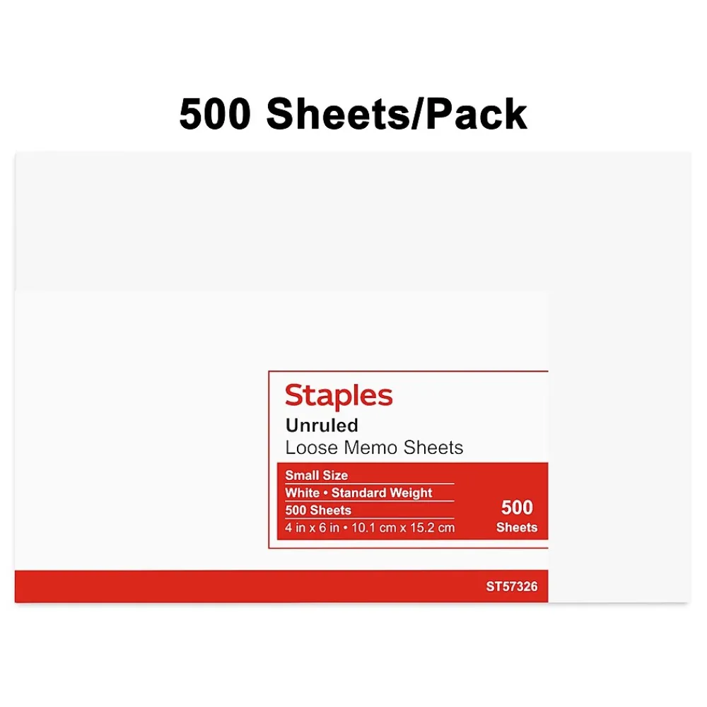Notepads|Staples Loose Memo Sheets, 4" x 6", White, 500 Sheets/Pad, /Pack (ST57326)