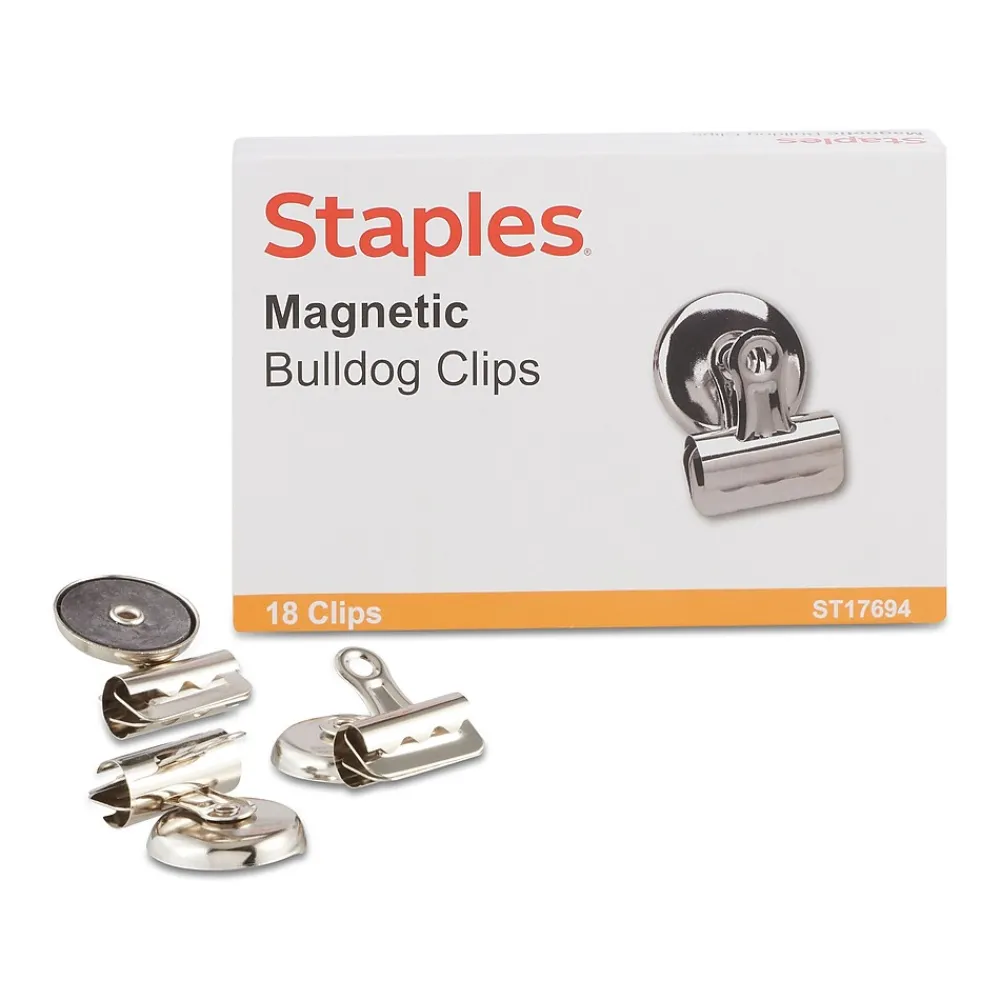 Clips & Fasteners|Staples Magnetic Bulldog Clips, 1.25"W, Metallic, 18/Pack (17694)