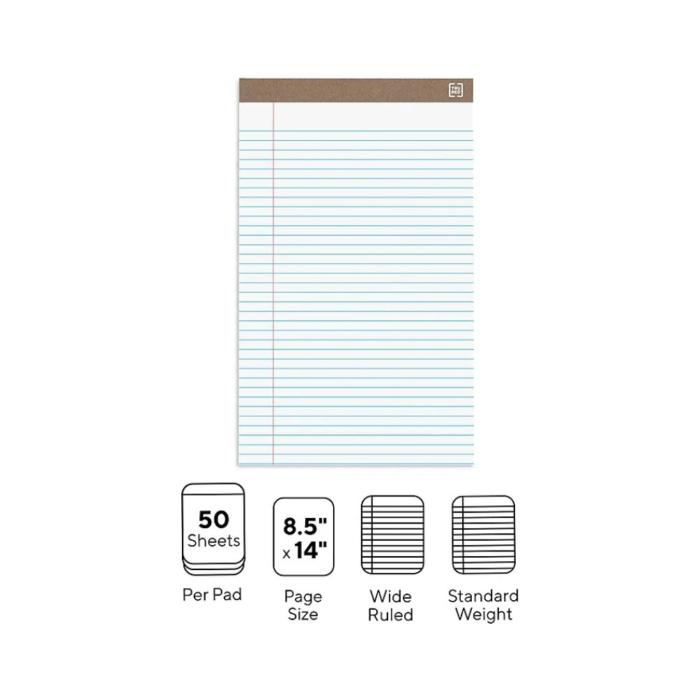 Notepads|Staples Notepads, 8.5" x 14" (legal), Wide Ruled, White, 50 Sheets/Pad, Dozen Pads/Pack (58189)