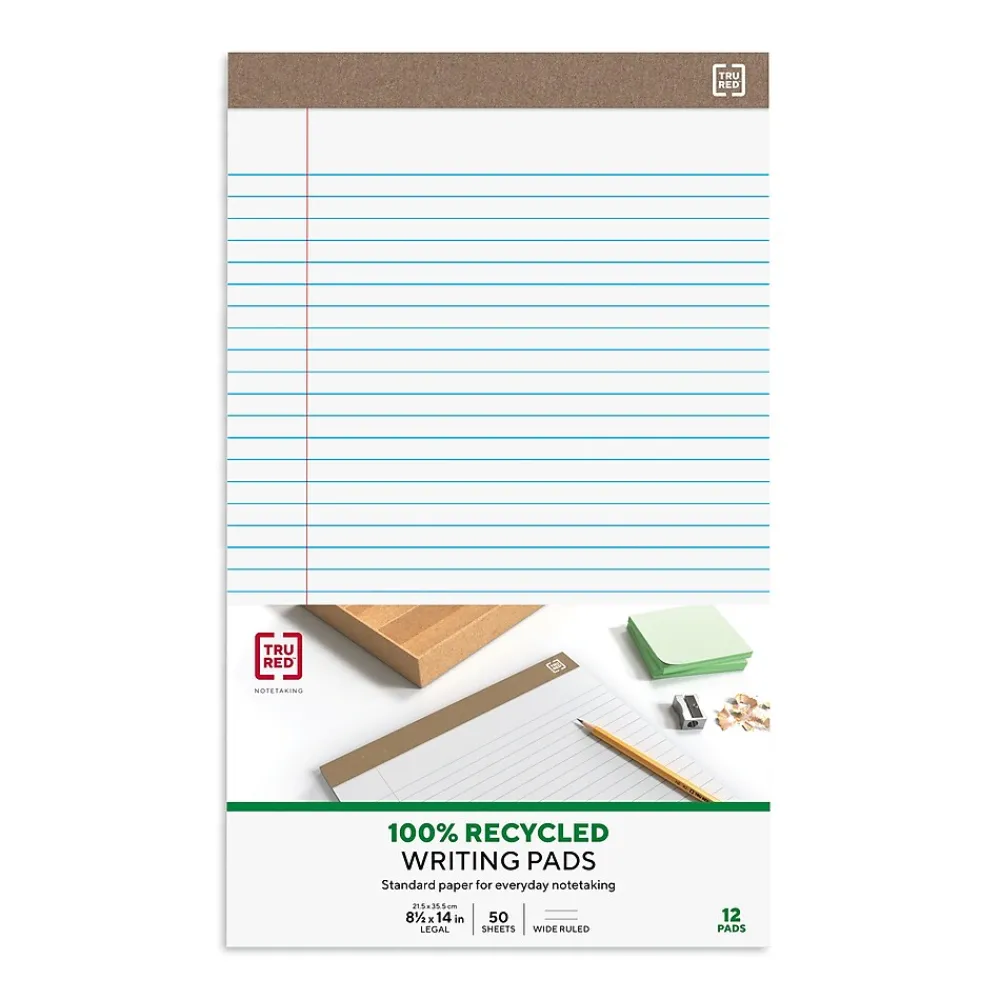 Notepads|Staples Notepads, 8.5" x 14" (legal), Wide Ruled, White, 50 Sheets/Pad, Dozen Pads/Pack (58189)