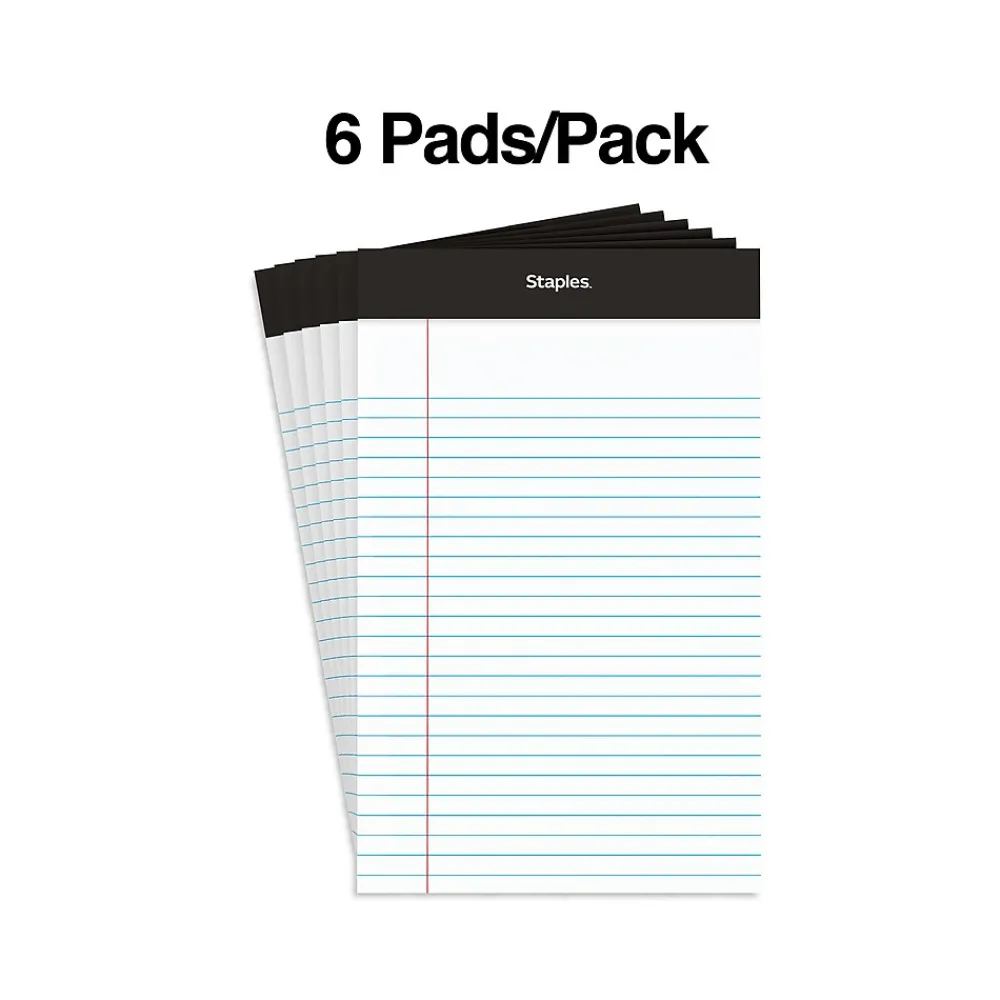 Notepads|Staples Notepads, 5" x 8", Narrow Ruled, , 100 Sheets/Pad, 6 Pads/Pack (ST57343) White