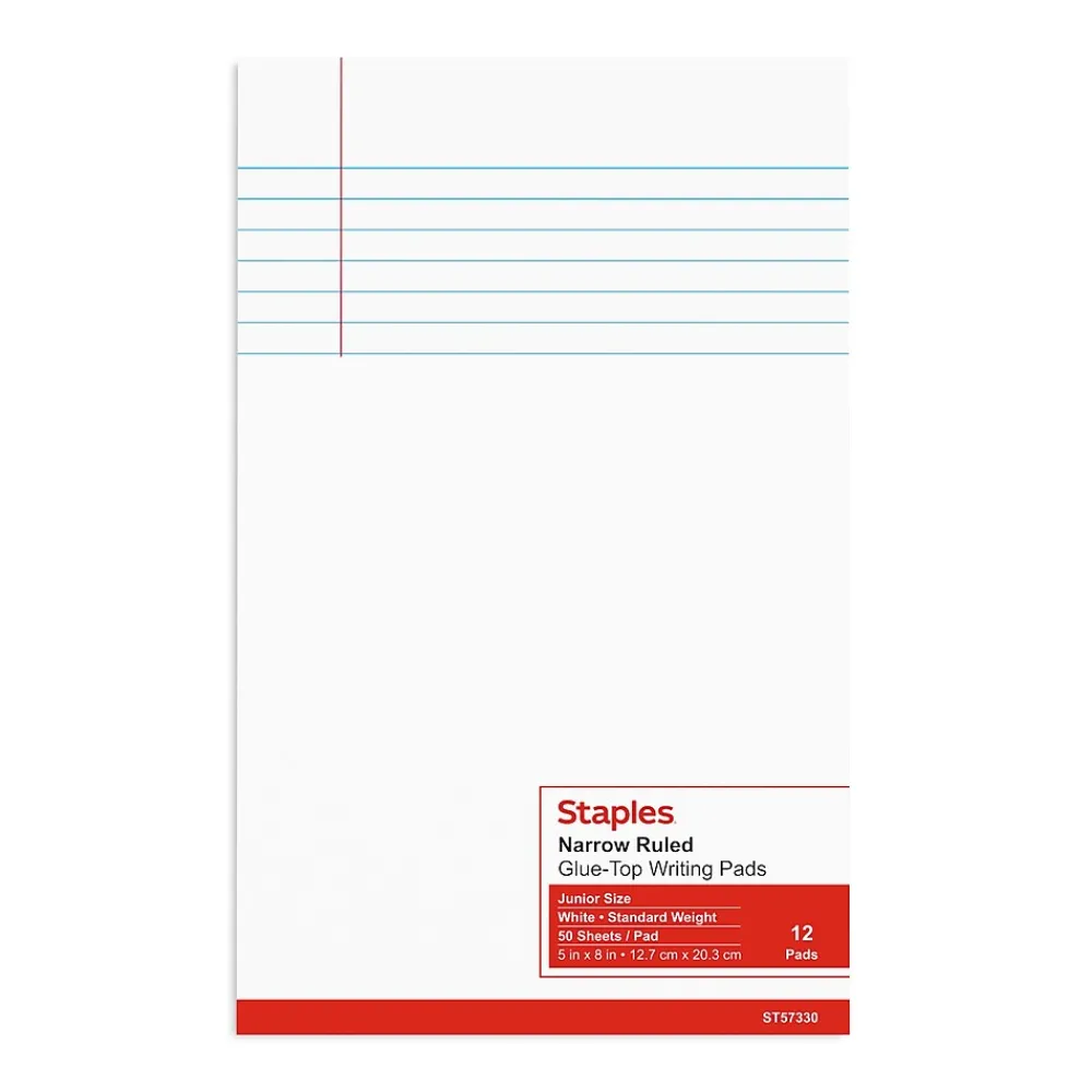 Notepads|Staples Notepads, 5" x 8", Narrow Ruled, , 50 Sheets/Pad, Dozen Pads/Pack (ST57330) White