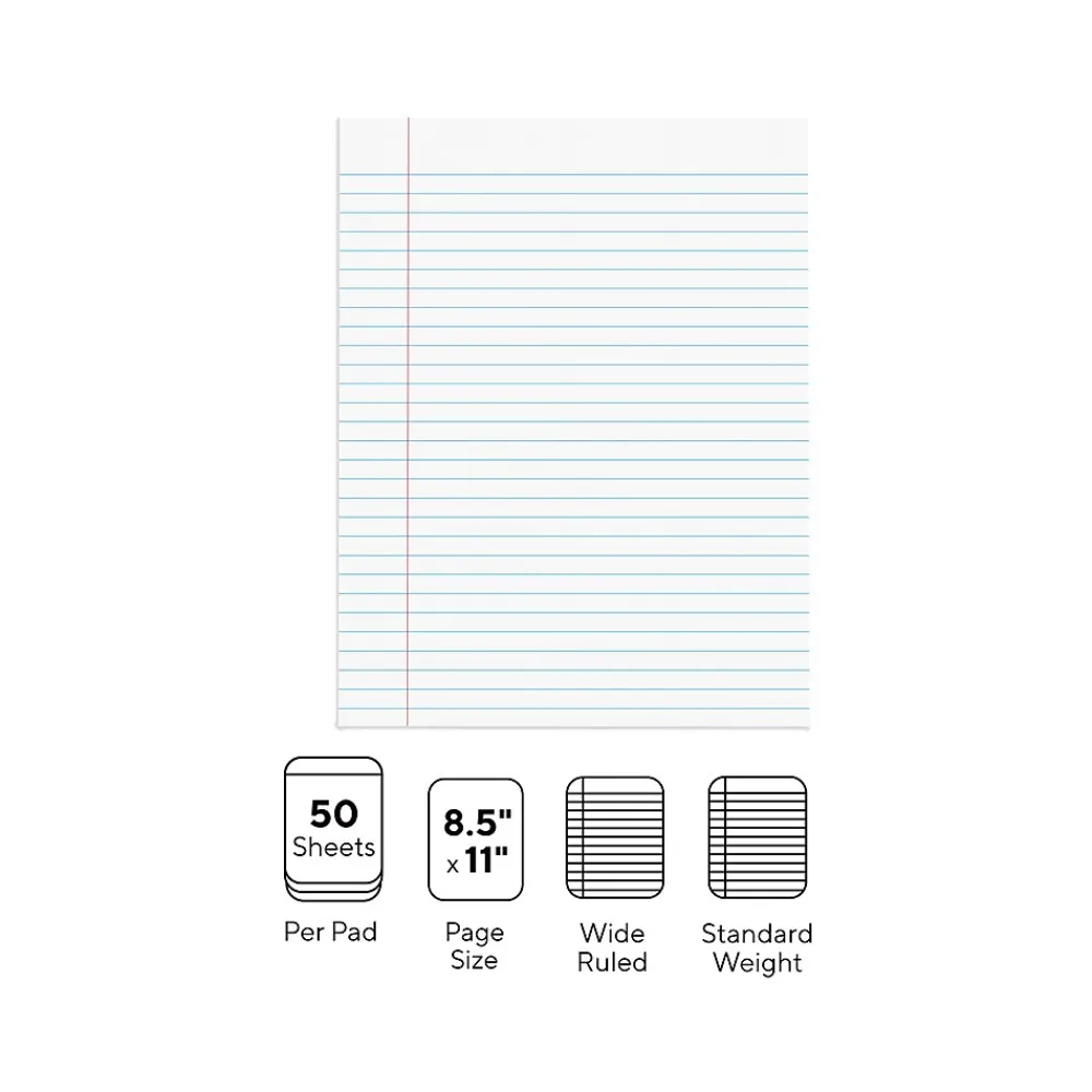 Notepads|Staples Notepads, 8.5" x 11" (US letter), Wide Ruled, White, 50 Sheets/Pad, Dozen Pads/Pack (ST57334)