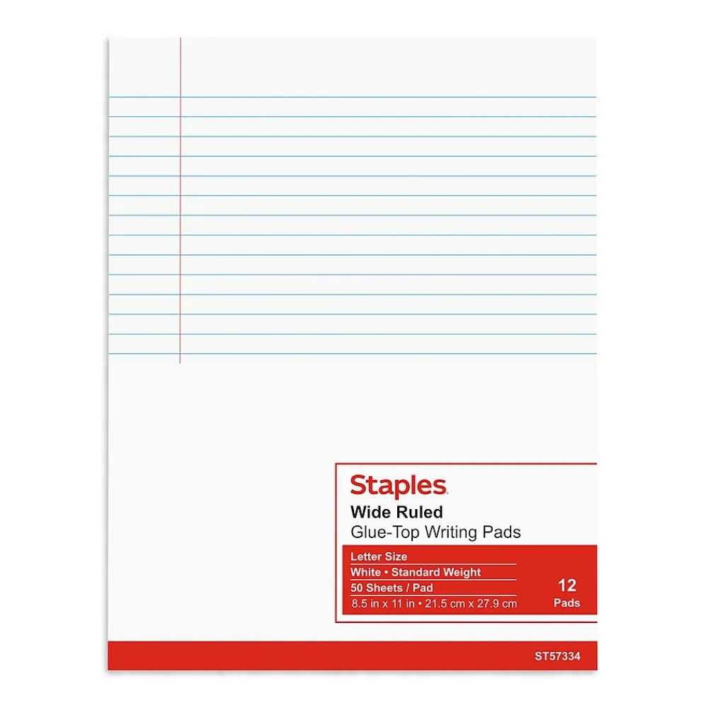 Notepads|Staples Notepads, 8.5" x 11" (US letter), Wide Ruled, White, 50 Sheets/Pad, Dozen Pads/Pack (ST57334)