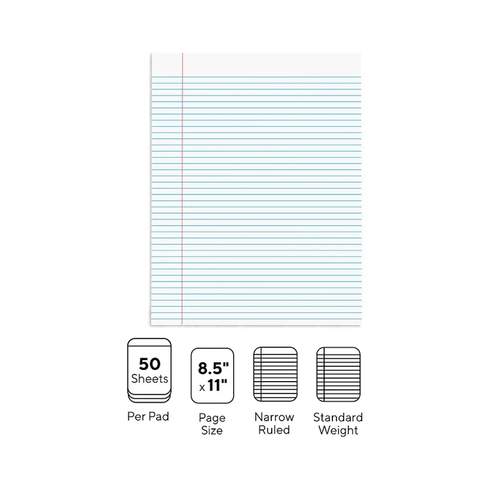 Notepads|Staples Notepads, 8.5" x 11" (US letter), Narrow Ruled, , 50 Sheets/Pad, Dozen Pads/Pack (ST57420) White