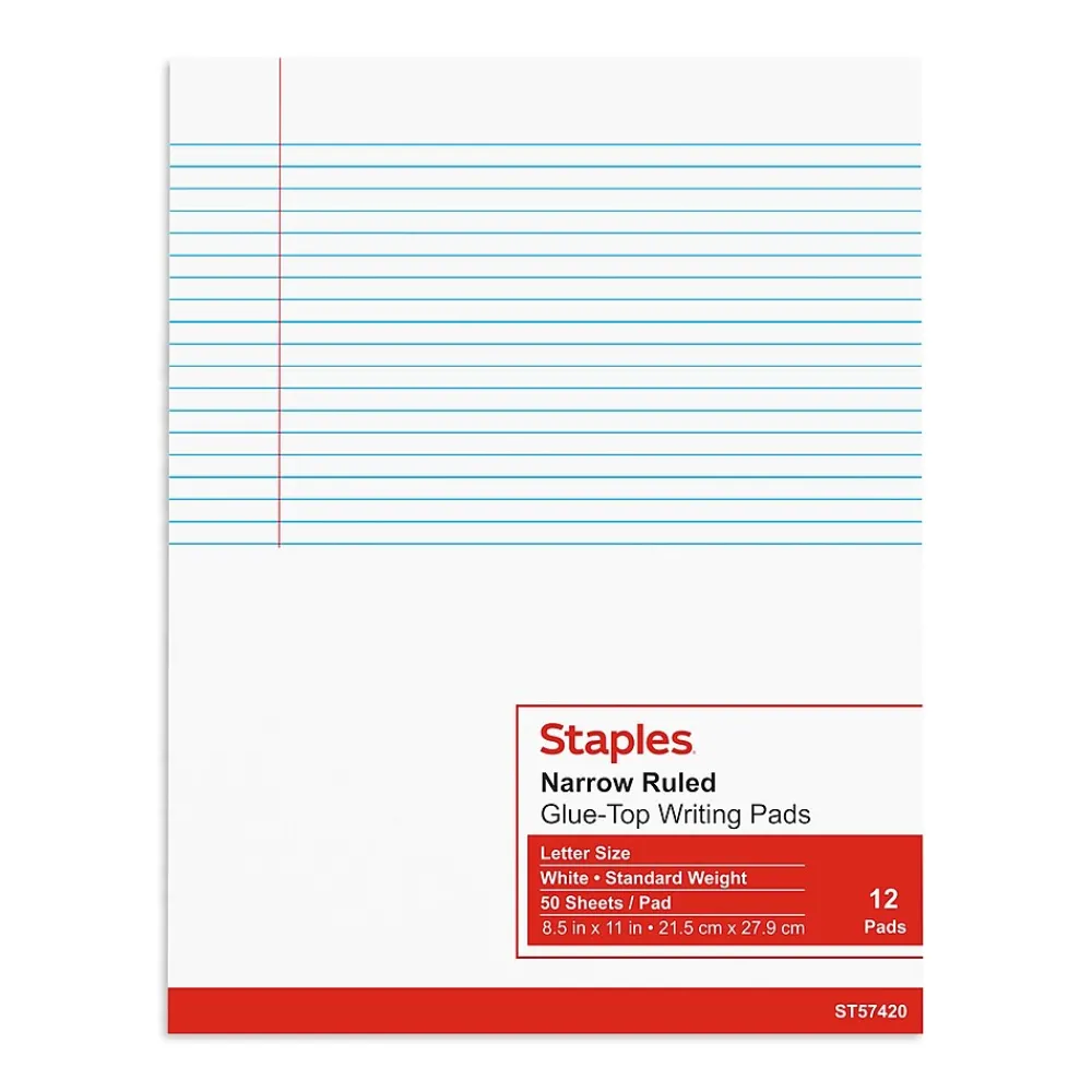 Notepads|Staples Notepads, 8.5" x 11" (US letter), Narrow Ruled, , 50 Sheets/Pad, Dozen Pads/Pack (ST57420) White