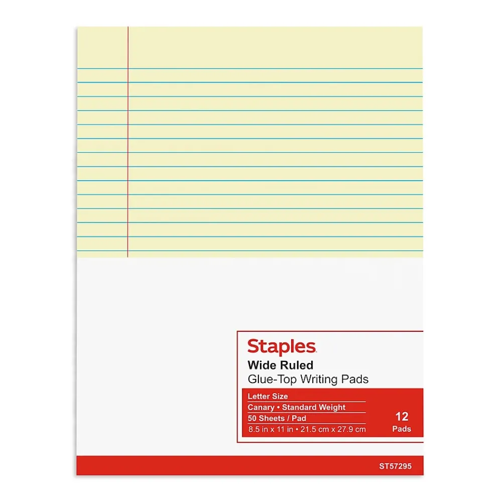 Notepads|Staples Notepads, 8.5" x 11", Wide Ruled, Canary, 50 Sheets/Pad, Dozen Pads/Pack (ST57295)