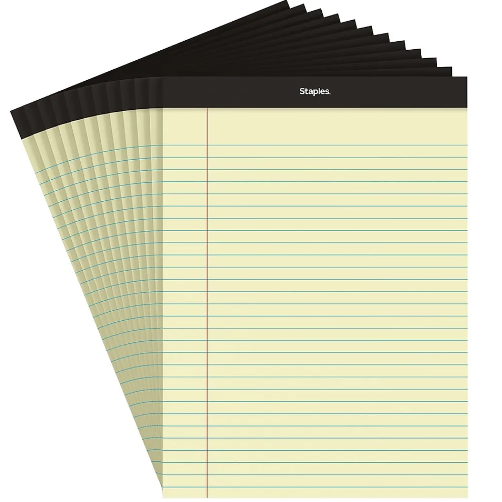 Notepads|Staples Notepads, 8.5" x 11.75", Wide Ruled, Canary, 50 Sheets/Pad, Dozen (ST57300)