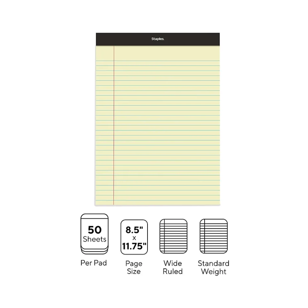 Notepads|Staples Notepads, 8.5" x 11.75", Wide Ruled, Canary, 50 Sheets/Pad, Dozen (ST57300)