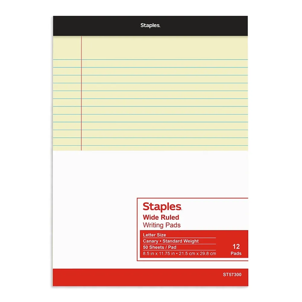 Notepads|Staples Notepads, 8.5" x 11.75", Wide Ruled, Canary, 50 Sheets/Pad, Dozen (ST57300)
