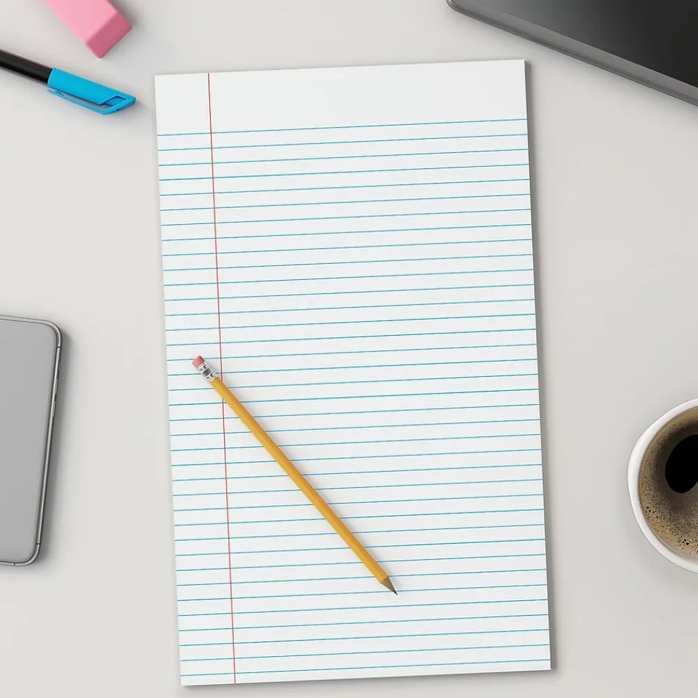 Notepads|Staples Notepads, 8.5" x 14", Wide Ruled, White, 50 Sheets/Pad, Dozen Pads/Pack (ST57335)