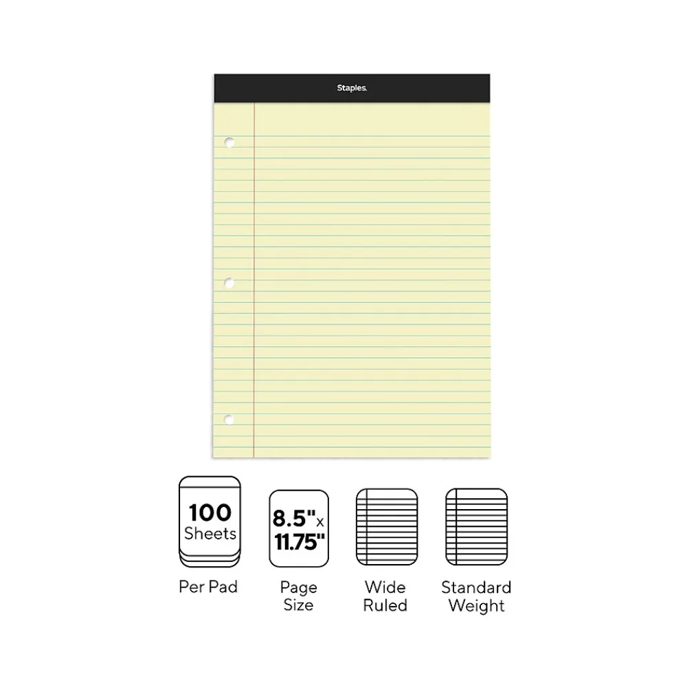 Notepads|Staples Notepads, 8.5" x 11.75", Wide Ruled, , 100 Sheets/Pad, 6 Pads/Pack (ST57349) Canary
