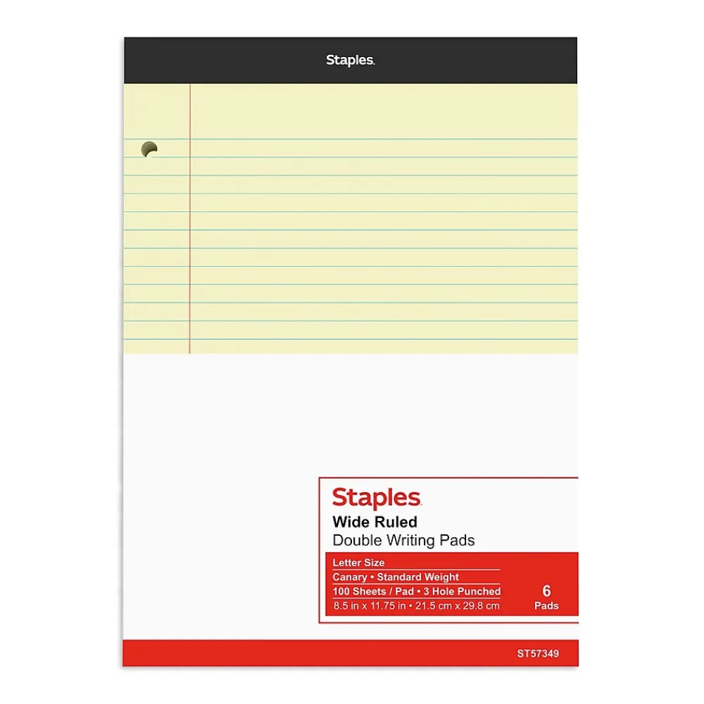 Notepads|Staples Notepads, 8.5" x 11.75", Wide Ruled, , 100 Sheets/Pad, 6 Pads/Pack (ST57349) Canary