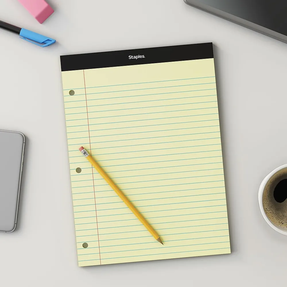 Notepads|Staples Notepads, 8.5" x 11.75", Wide Ruled, , 100 Sheets/Pad, 6 Pads/Pack (ST57349) Canary