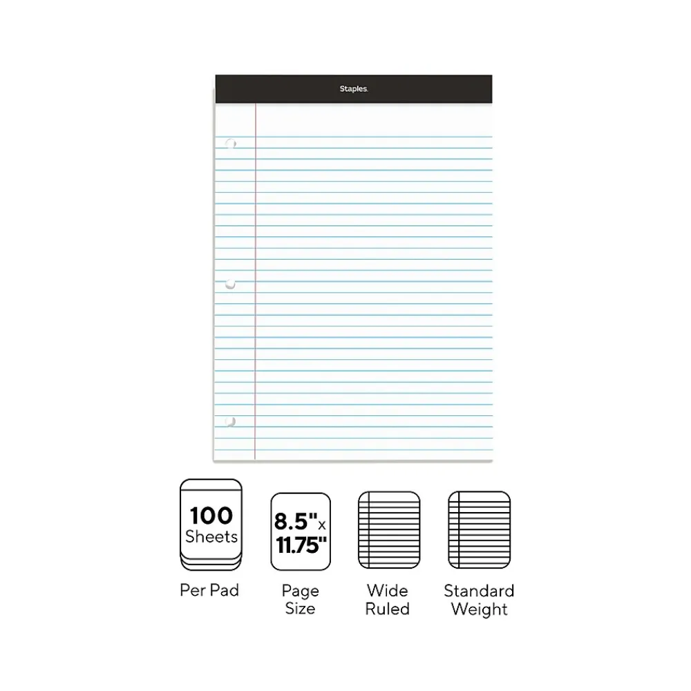 Notepads|Staples Notepads, 8.5" x 11.75", Wide Ruled, , 100 Sheets/Pad, 6 Pads/Pack (ST57350) White