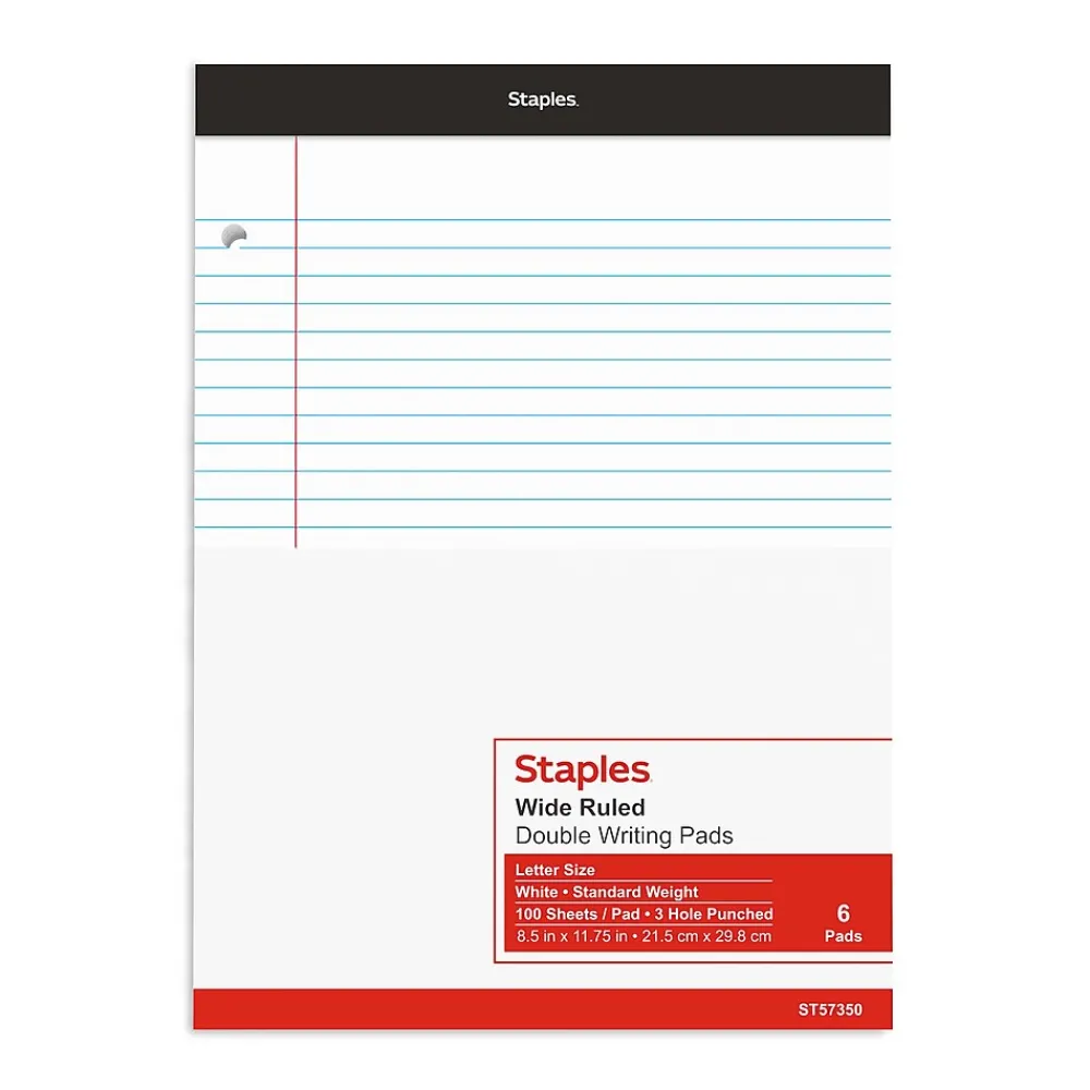 Notepads|Staples Notepads, 8.5" x 11.75", Wide Ruled, , 100 Sheets/Pad, 6 Pads/Pack (ST57350) White
