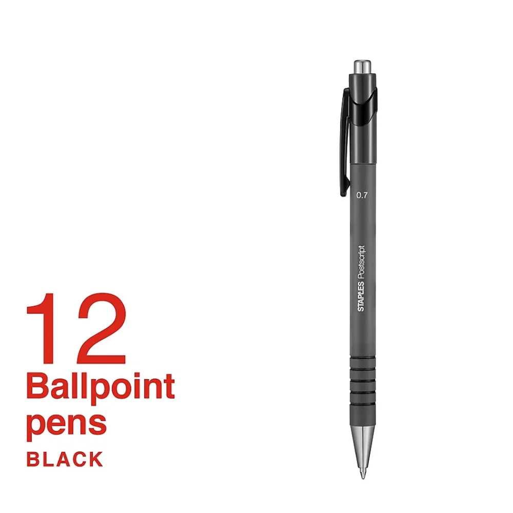 Pens|Staples Postscript Retractable Ballpoint Pens, Fine Point, Black Ink, Dozen (18264)