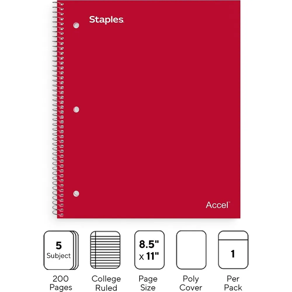 Subject Notebooks|Staples Premium Poly 5-Subject Notebook, 8.5" x 11", College Ruled, 200 Sheets, (ST58319) Red