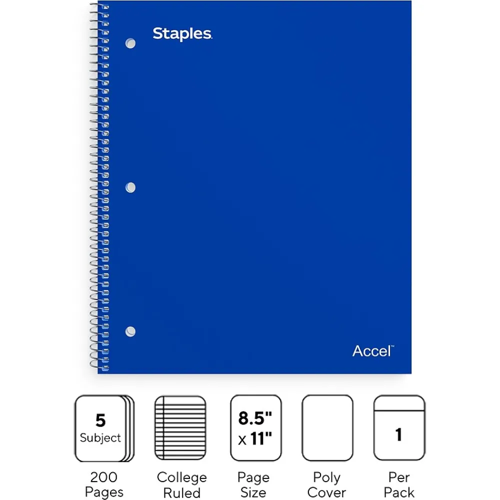 Notebooks|Staples Premium Poly 5-Subject Notebook, 8.5" x 11", College Ruled, 200 Sheets, (TR58318) Blue