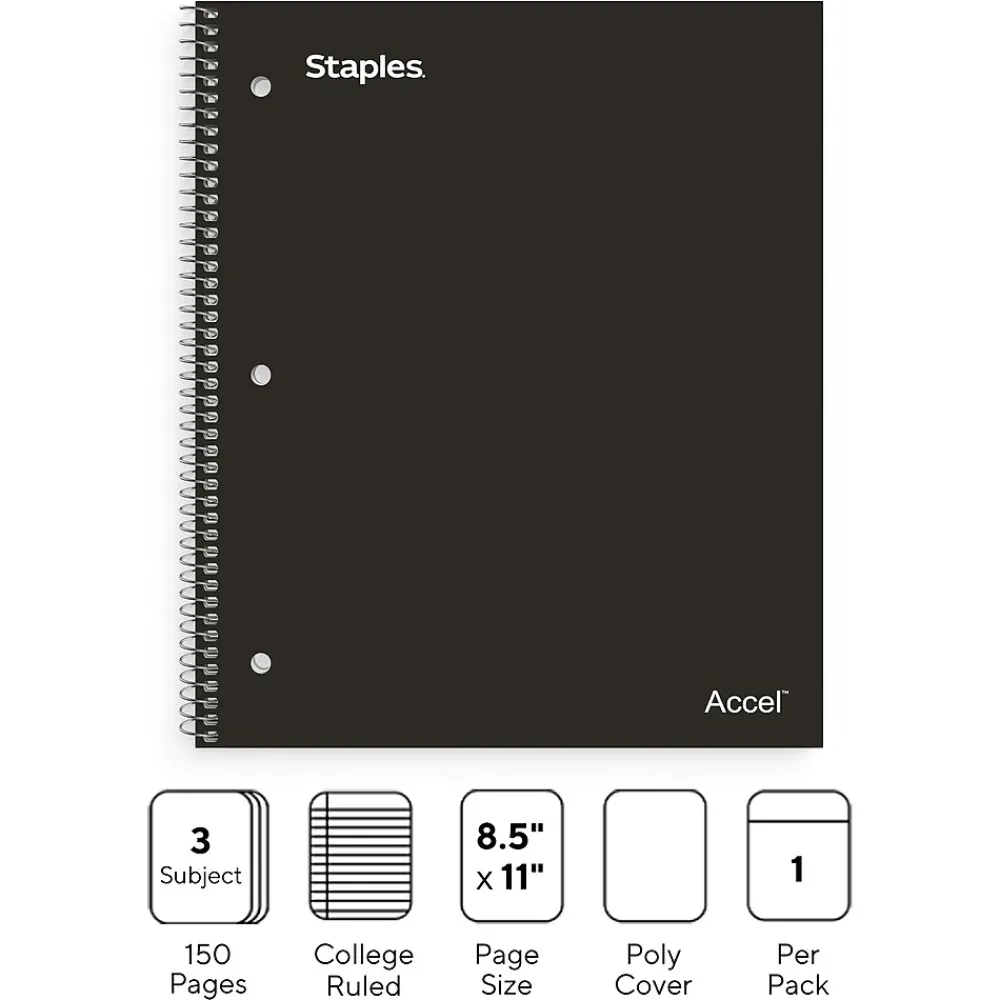 Subject Notebooks|Staples Premium Poly 3-Subject Notebook, 8.5" x 11", College Ruled, 150 Sheets, (ST58313) Black