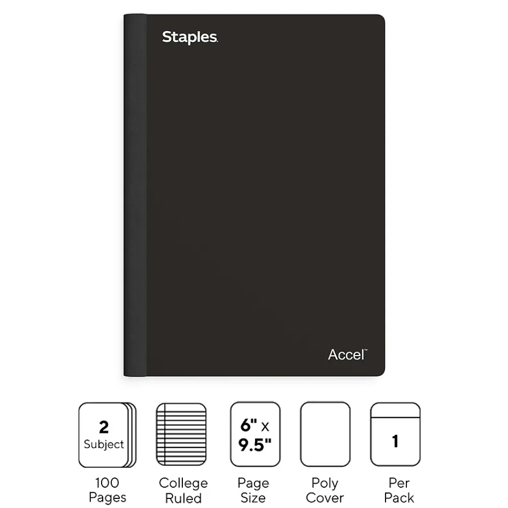 Subject Notebooks|Staples Premium 2-Subject Notebook, 6" x 9.5", College Ruled, 100 Sheets, (TR58325) Black