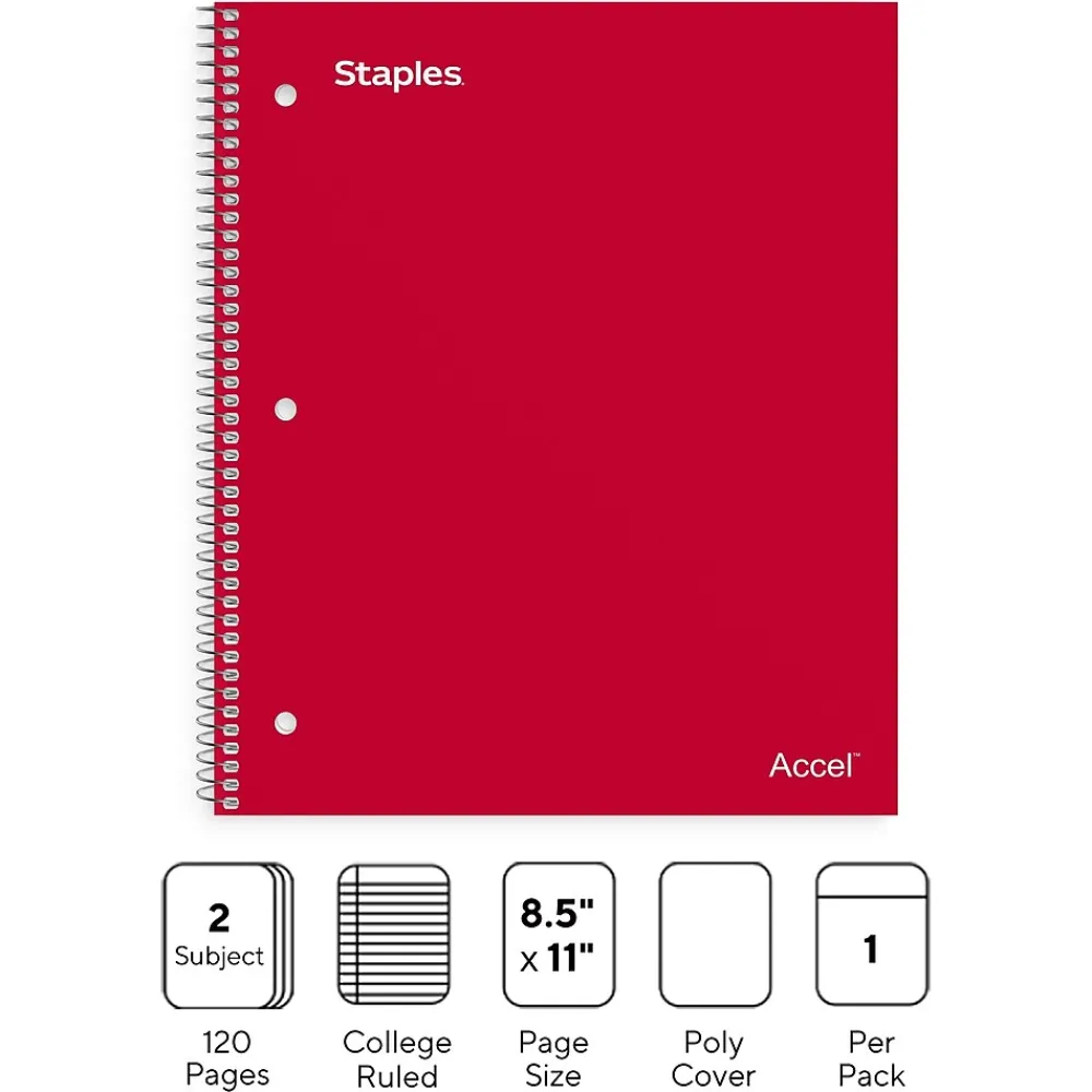 Notebooks|Staples Premium 2-Subject Notebook, 8.5" x 11", College Ruled, 120 Sheets, (TR58312) Red