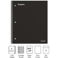 Notebooks|Staples Premium 1-Subject Notebook, 8.5" x 11", College Ruled, 100 Sheets, (ST20950D) Black