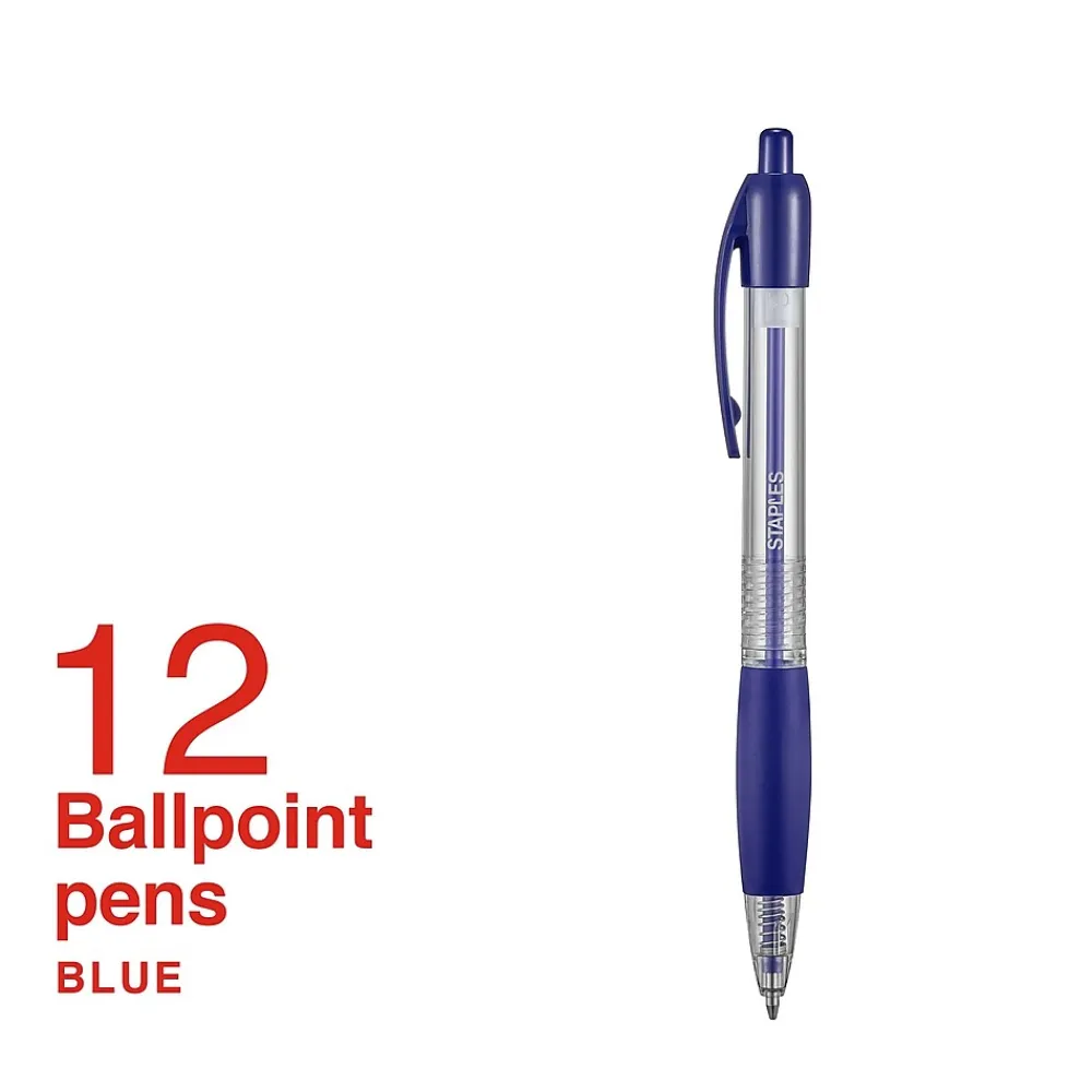 Pens|Staples ® Retractable Ballpoint Pens, Medium Point, 1.0mm, Blue Ink, Dozen (50794-CC)