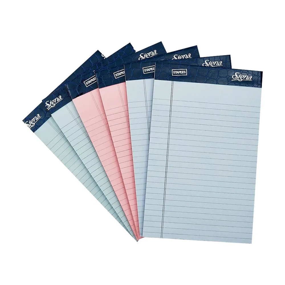 Notepads|Staples Signa Notepads, 5" x 8", Narrow, Assorted Pastel, 50 Sheets/Pad, 6 Pads/Pack (18139/18139STP)