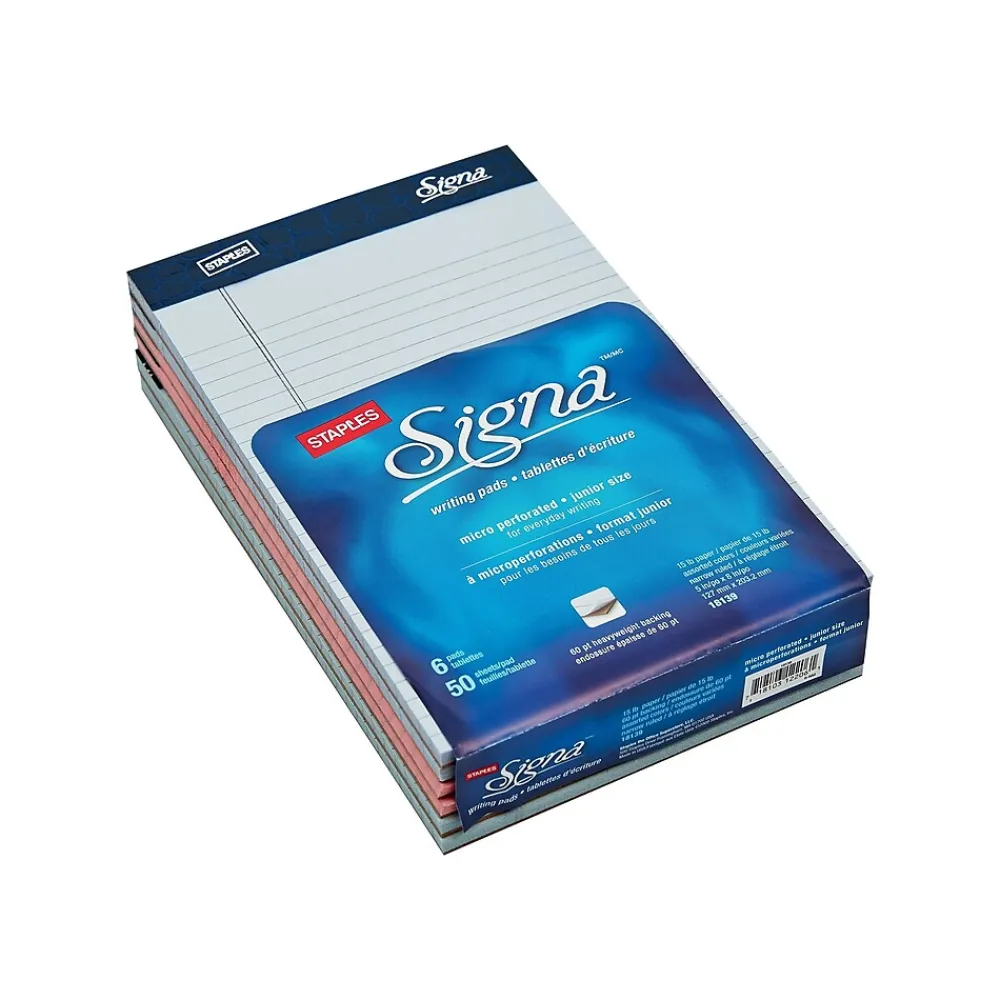 Notepads|Staples Signa Notepads, 5" x 8", Narrow, Assorted Pastel, 50 Sheets/Pad, 6 Pads/Pack (18139/18139STP)