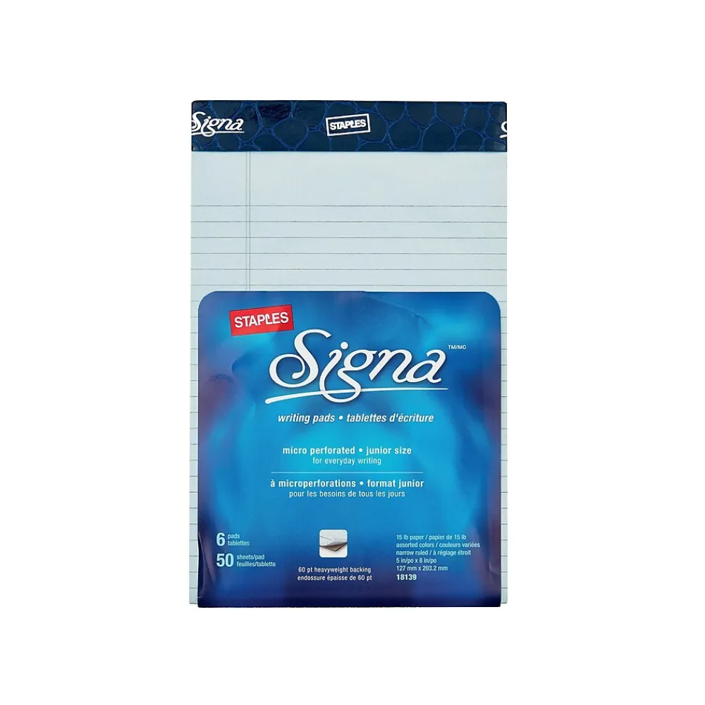 Notepads|Staples Signa Notepads, 5" x 8", Narrow, Assorted Pastel, 50 Sheets/Pad, 6 Pads/Pack (18139/18139STP)