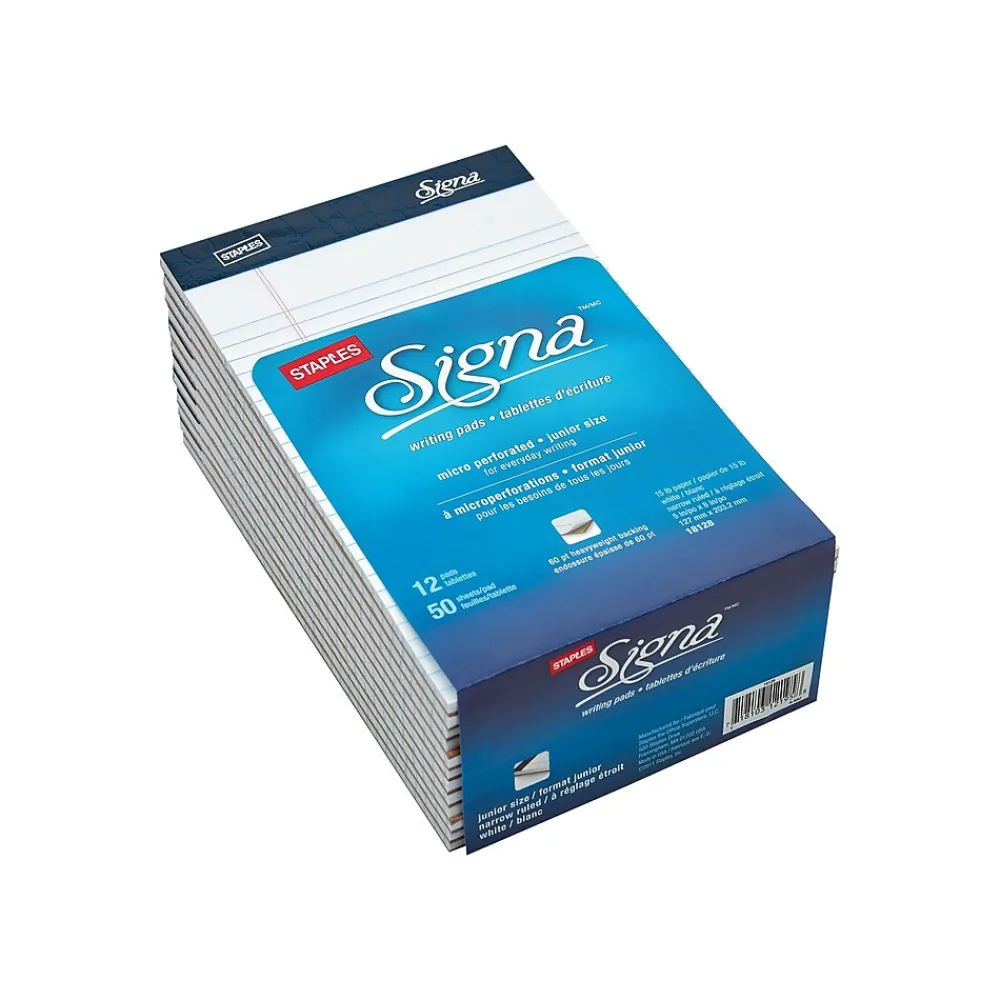 Notepads|Staples Signa Notepads, 5" x 8", Wide Ruled, White, 50 Sheets/Pad, 12 Pads/Pack (18128/18128STP)