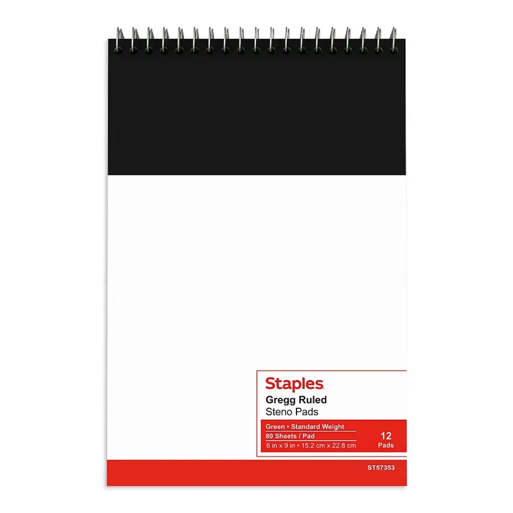Notepads|Staples Steno Pads, 6" x 9", Gregg Ruled, Green, 80 Sheets/Pad, Dozen Pads/Pack (ST57353)