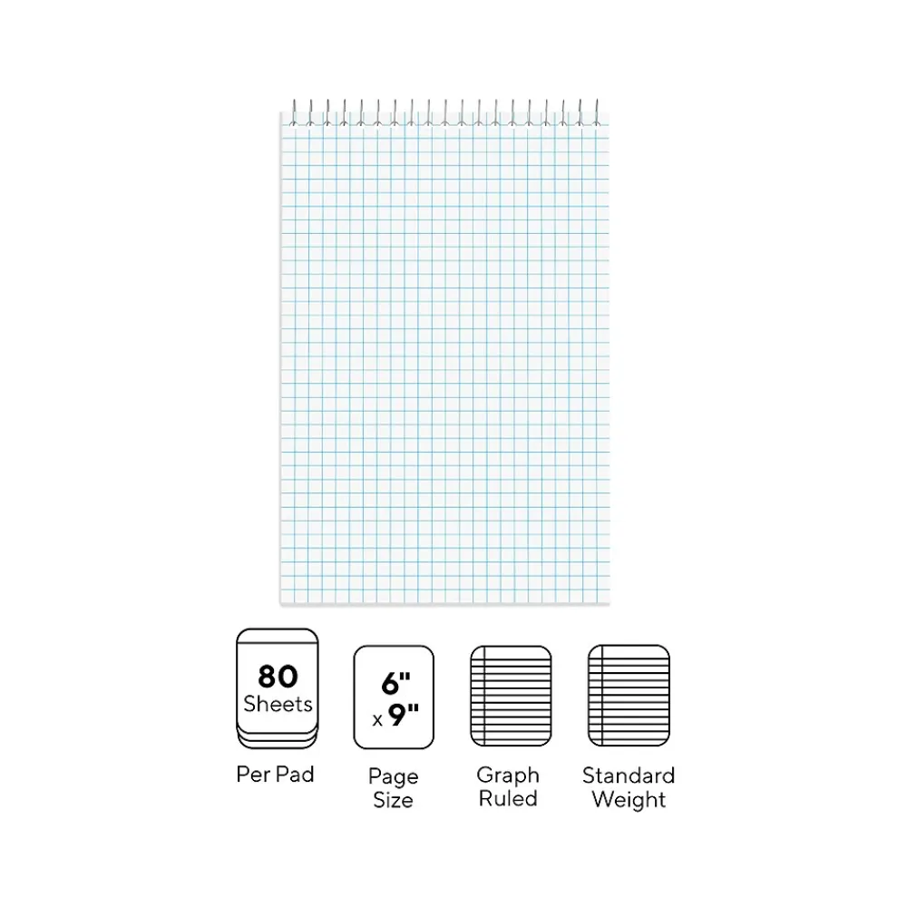 Notepads|Staples Steno Pads, 6" x 9", Graph Ruled, White, 80 Sheets/Pad, 6 Pads/Pack (ST57352)