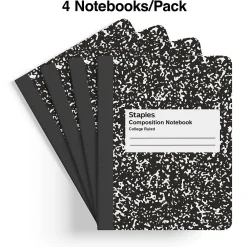 Composition Notebooks|Staples 1-Subject Composition Notebooks, 7.5" x 9.75", College Ruled, 100 Sheets, , 4/Pack (ST58371C) Black