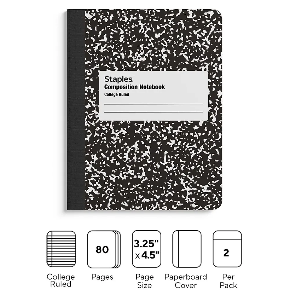 Subject Notebooks|Staples 1-Subject Composition Notebooks, 3.25" x 4.5", College Ruled, 80 Sheets, Assorted Colors, 2/Pack (ST17501C)