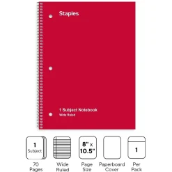 Notebooks|Staples 1-Subject Notebook, 8" x 10.5", Wide Ruled, 70 Sheets, , 48 Notebooks/Carton (27497CT) Assorted Colors