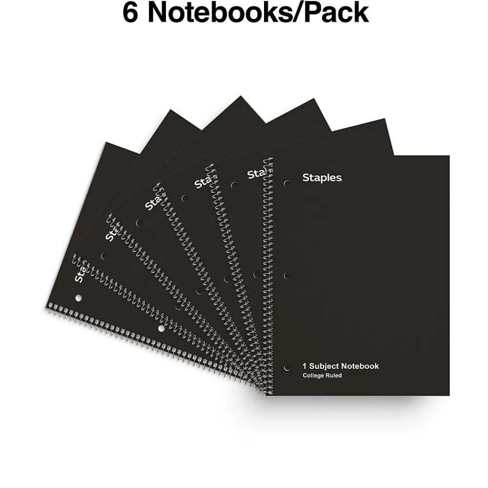 Subject Notebooks|Staples 1-Subject Notebook, 8" x 10.5", College Ruled, 70 Sheets, Black, 6/Pack (TR58374)