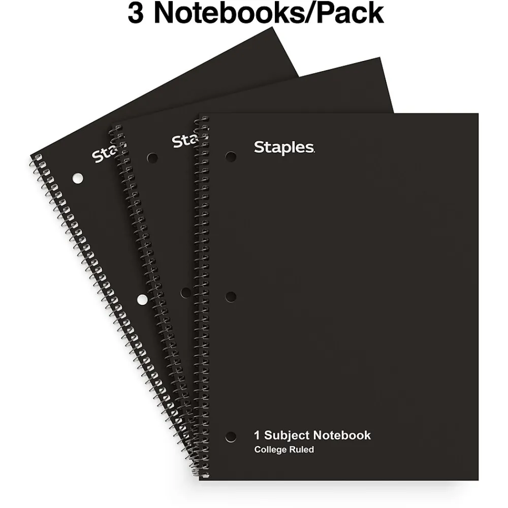 Subject Notebooks|Staples 1-Subject Notebook, 8.5" x 10.5", College Ruled, 70 Sheets, Black, 3/Pack (ST58373)