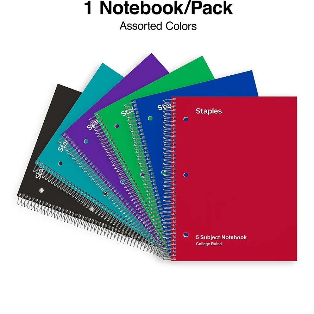 Subject Notebooks|Staples ® 5-Subject Subject Notebooks, 8.5" x 11", College Ruled, 200 Sheets, Assorted (10467M-CC)