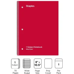 Subject Notebooks|Staples ® 1-Subject Subject Notebooks, 8" x 10.5", Wide Ruled, 75 Sheets, Assorted Colors (54895B/27615)