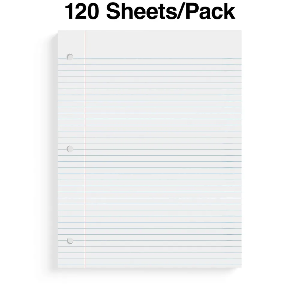 Filler Paper|Staples Wide Ruled Filler Paper, 8" x 10.5", White, 120 Sheets/Pack, 36 Packs/Carton (TR37426)