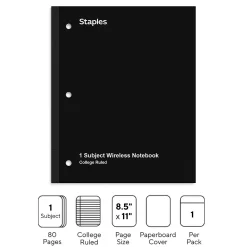 Notebooks|Staples Wireless 1-Subject Notebook, 8.5" x 11", College Ruled, 80 Sheets, (ST58377C) Black