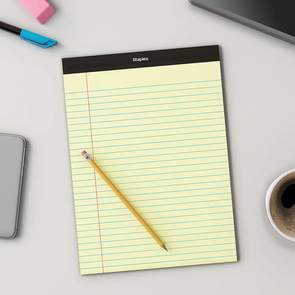 Notepads|Staples Writing Pad, 8.5" x 11.75", Wide Ruled, Canary, 50 Sheets/Pad (40066)